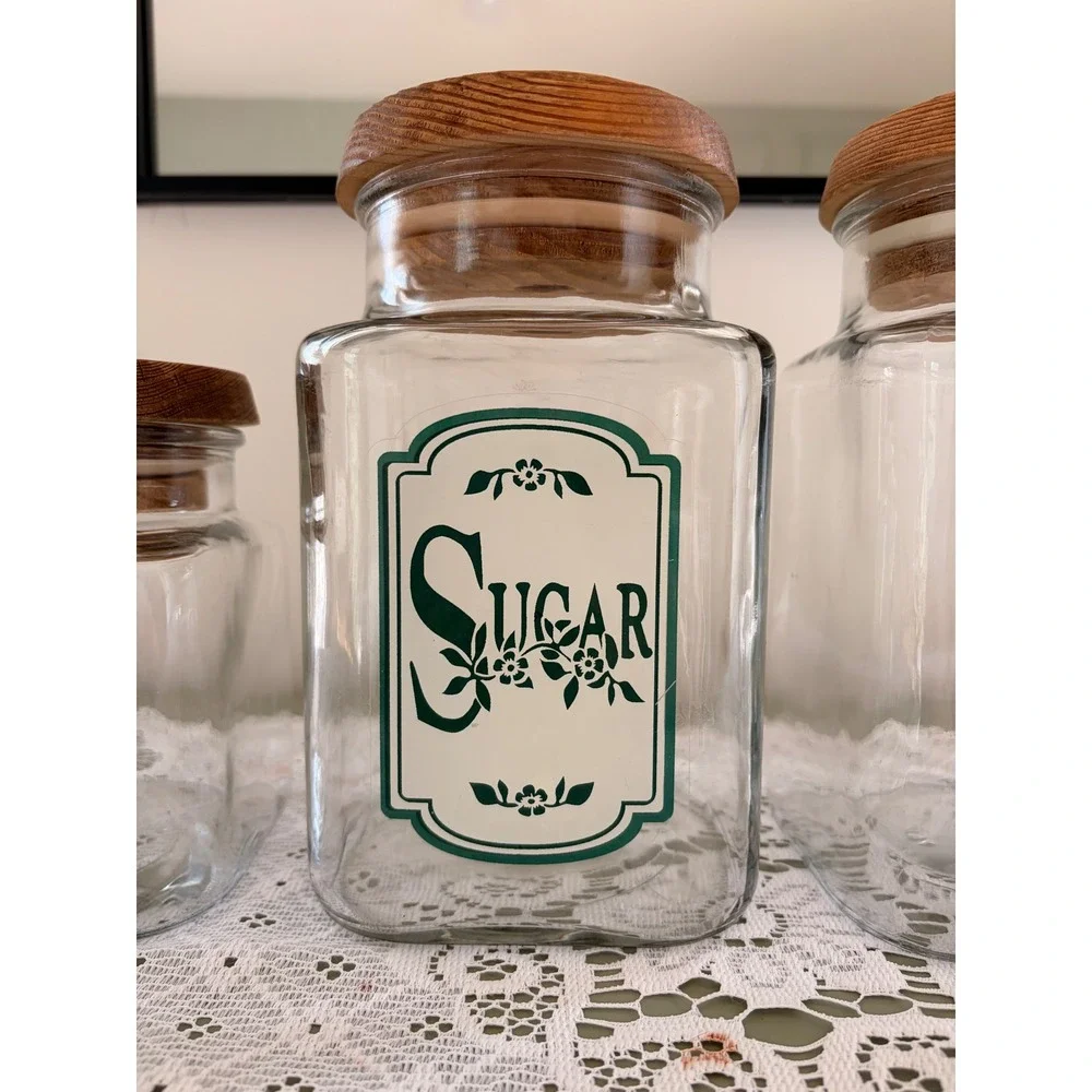 Vintage Anchor Hocking Glass Canister Set 4pc Green Floral Wood Lids